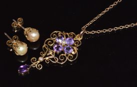 A 9ct gold pendant set with amethysts and pearls, on 9ct gold chain (45cm long, 4.5g) and a pair