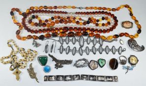 A collection of jewellery including silver brooches, Japanese Satsuma brooch, pearl necklace with