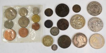 Georgian and later coinage including cartwheel penny, 1899 crown, 1986 £2, 1953 coin set, £5 coin