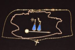 A 9ct rose gold chain, 9ct gold cross and chain, 9ct gold stick pin set with a seed pearl and 9ct