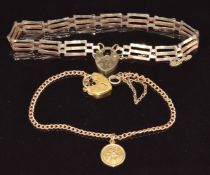 A 9ct gold tricoloured gate bracelet (16cm) and a 9ct gold children's bracelet with St Christopher