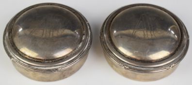 Pair of possibly Greek silver trinket boxes, each marked 925 and Vourakis, diameter 7cm, weight
