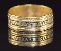 Georgian 18ct gold ring set with black and white enamel reading 'Mary Bridges OB 28th August 1808