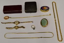 Two 9ct gold cased watches, rolled gold necklaces, cameo etc