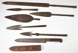 Six African tribal spear heads / thrusting spear, Greaves no2 Adze and North African knife with