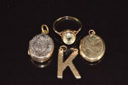 Victorian locket with anchor decoration, 9ct gold back and front locket, 9ct gold 'K' pendant (2.1g,