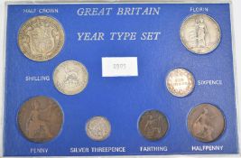 Edward VII Great Britain year type eight coin set for 1905, includes half crown down to farthing, in