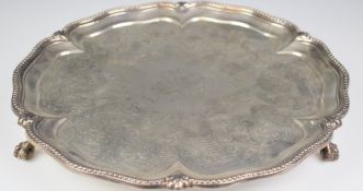 Goldsmiths Alliance Victorian hallmarked silver salver with shaped and beaded edge and engraved