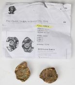 Paul Oudet signed pair of bronze ammonite sculptures, diameter 5.5cm