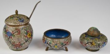 Chinese three piece cloisonné cruet set together with a hallmarked silver salt spoon, height 6cm