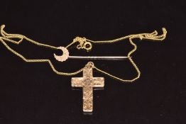 A 9ct gold cross (Birmingham 1912, 1.4g), and 9ct gold stick pin, Chester 1898