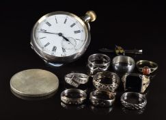 Eight silver rings, a 9ct gold and silver ring, a silver brooch set with connemara marble, silver