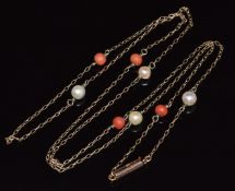A 9ct gold c1900 necklace set with coral and pearls, with barrel clasp, 3.3g, 68cm