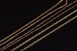 Two 9ct gold chains / necklace, 34cm long & 62cm long and a section of 9ct gold chain, 12g