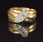 Victorian 18ct gold ring in the form of a snake/ serpent set with three old cut diamonds, London