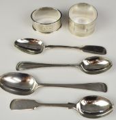 Victorian and later hallmarked silver items comprising four teaspoons and two napkin rings, weight