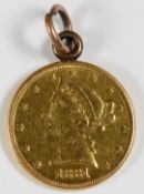 1881 United States of America Liberty $5 gold coin, on loop, weight 8.8g