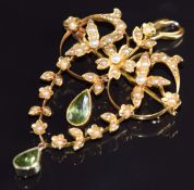 Edwardian 15ct gold pendant/ brooch set with two pear cut peridot and seed pearls, with detachable