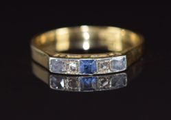Art Deco 18ct gold ring set with diamonds and sapphires, 2.3g, size N