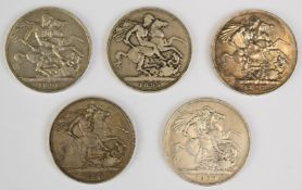 Five Queen Victoria veiled head crowns 1895, 1896, 1897, 1899 and 1900, VF