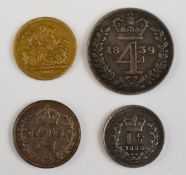 Queen Victoria 1839 young head Maundy fourpence together with an 1891 Jubilee head two pence, and