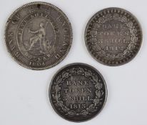George III three shilling silver bank tokens comprising military head 1812 example F+-VF and 1813