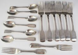 Set of six William IV hallmarked silver fiddle pattern dessert spoons together with a matching set