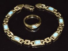 A 14k gold bracelet set with larimar and a 14k gold ring set with larimar and diamonds, 16g, size L,