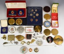 A collection of costume jewellery, two silver fob watches and compacts, mainly Stratton