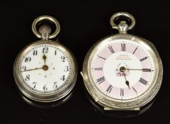 Two silver open faced pocket watches Kay's Express with floral decorated dial and one other with