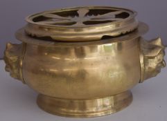 Chinese bronze jardiniere with lion handles, on stand, diameter 47 x height 46cm