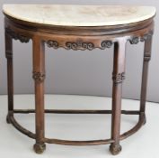 Chinese 19thC carved hardwood demi lune altar table with marble top, W106 x D53 x H89cm