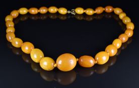 Baltic amber necklace made up of 29 graduated oval beads, largest 2 x 2.4cm, smallest 1.3 x 0.9cm,