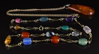 A 9ct rose gold chain (3.1g), amber pendant and necklace set with tigers eye, rose quartz, agate,