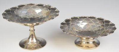 Two Mappin & Webb hallmarked silver pedestal bonbon dishes with fish scale design, Sheffield 1931