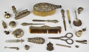 Hallmarked silver mounted and similar items including brush, comb, hedgehog and a novelty page