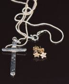 A pair of 14ct gold earrings set with cubic zirconia (0.4g) and a silver cross on chain