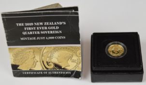 2019 Elizabeth II New Zealand limited edition (of 4999) gold quarter sovereign, in case, with