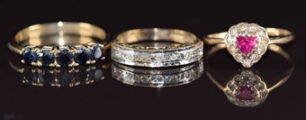 Three 9ct gold rings set with spinel, diamonds and sapphires, 5.3g, size P, K & J