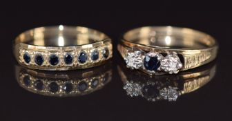 Two 9ct gold rings, one set with seven sapphires and the other a sapphire and two diamonds, 4g, size