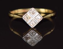 Art Deco 18ct gold ring set with diamonds in a square platinum setting, 1.7g, size M