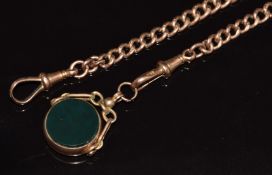 A 9ct rose gold double Albert with hardstone swivel fob, Chester 1914, 49.4g, 44cm