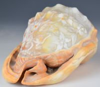 Likely 19thC Italian cameo carved conch shell decorated with three female figures dancing, length