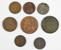 Small collection of copper and bronze coins including Charles II and George I farthings, Queen