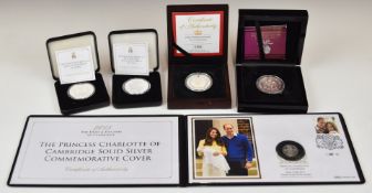 Four various silver crown sized coins comprising London Mint Office 2013 proof £5, limited