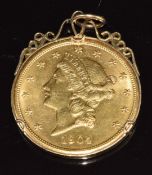 A 1904 gold $20 coin in 9ct gold mount, 37.1g