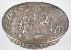 Dutch or similar hallmarked silver box with embossed interior scene to lid and import marks for