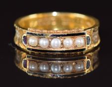 Victorian 15ct gold ring set with split pearls, black enamel and plaited hair, 2g, size M