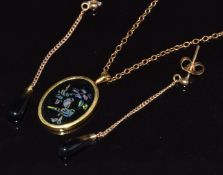 A pair of 9ct gold earrings with glass drop sections (1.5g), 9k gold pendant set with opal mosaic (