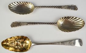 Three Georgian hallmarked silver table spoons comprising a pair with shell bowls, bottom marked